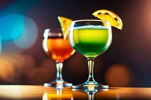 two glasses of colorful drinks with a slice of lemon. AI-Generated photo