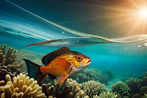 pescado nadando en el Oceano con coral arrecifes generado por ai foto