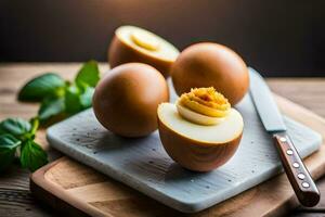 three hard boiled eggs on a cutting board. AI-Generated photo