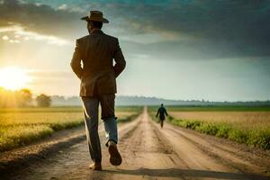 a man in a suit and hat walking down a dirt road. AI-Generated photo