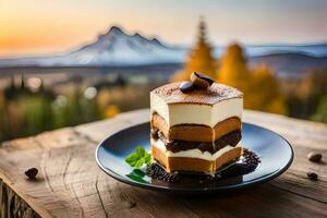 a dessert on a plate with a mountain in the background. AI-Generated photo