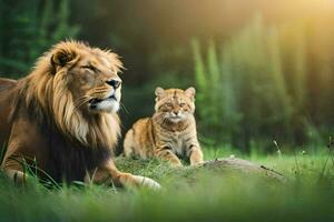 lion and tiger in the forest. AI-Generated photo