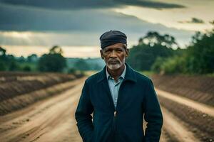 un antiguo hombre en pie en el medio de un suciedad la carretera. generado por ai foto