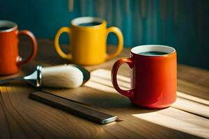 colorful coffee cups and a brush on a table. AI-Generated photo