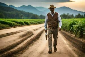 a man in a hat and vest walking down a dirt road. AI-Generated photo