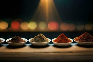 five different types of spices in bowls. AI-Generated photo