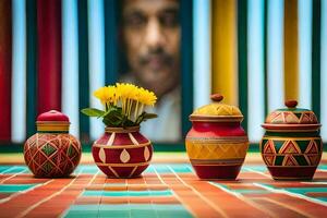 colorful vases with yellow flowers on a colorful table. AI-Generated photo