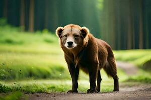 un marrón oso es en pie en un suciedad la carretera. generado por ai foto