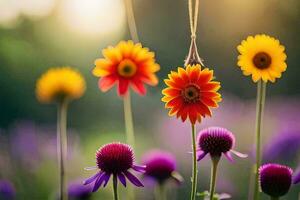 colorful flowers hanging from a string in a field. AI-Generated photo