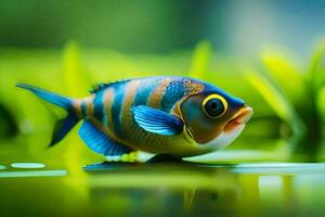 a fish with blue and yellow eyes is swimming in the water. AI-Generated photo