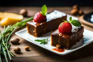 two pieces of chocolate cake with strawberries and nuts. AI-Generated photo