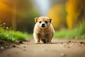 a puppy is walking down a dirt road. AI-Generated photo