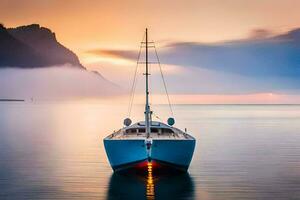 a boat sits in the water at sunset. AI-Generated photo