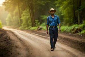 un hombre vistiendo un sombrero y azul camisa caminando abajo un suciedad la carretera. generado por ai foto