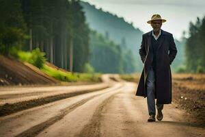 un hombre en un sombrero y Saco caminando abajo un suciedad la carretera. generado por ai foto