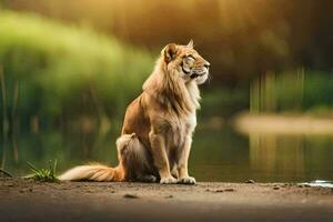 a lion sitting on the ground by the water. AI-Generated photo