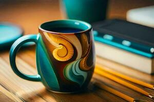 a coffee mug with a colorful design sits on a table. AI-Generated photo