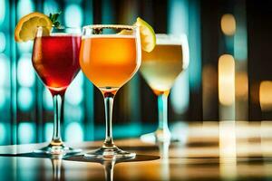 three glasses of different colored drinks sit on a table. AI-Generated photo