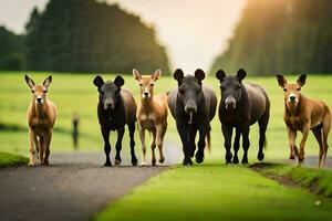 un grupo de ciervo caminando abajo un la carretera. generado por ai foto