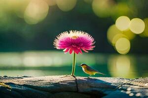 a bird and a flower standing on a rock. AI-Generated photo