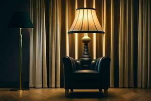 a lamp is sitting on a chair in front of a curtain. AI-Generated photo