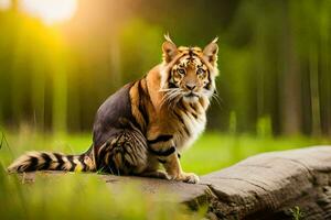 a tiger sitting on a log in the grass. AI-Generated photo