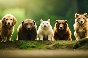 cinco perros y un gato en pie juntos en un grupo. generado por ai foto