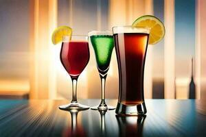 three glasses of different colored drinks on a table. AI-Generated photo