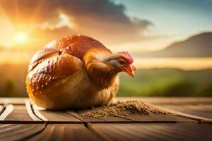 a chicken is sitting on a wooden table with a sunset in the background. AI-Generated photo