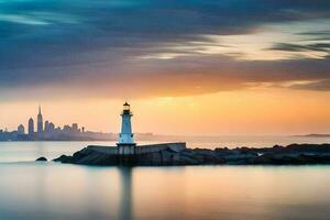 a lighthouse sits on the rocks in front of a city skyline. AI-Generated photo