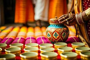 a woman in traditional indian attire is pouring a pot of water. AI-Generated photo