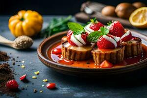 strawberries and cream on a plate with a bowl of fruit. AI-Generated photo