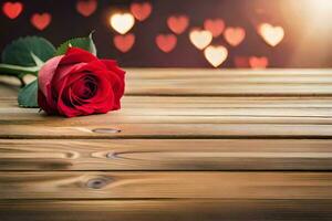 a single red rose sits on a wooden table with hearts in the background. AI-Generated photo