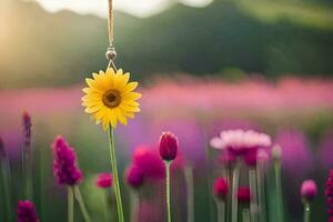 un amarillo flor es colgando desde un cuerda en un campo. generado por ai foto