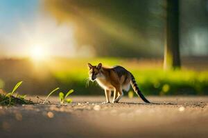 a fox walking on the road in front of the sun. AI-Generated photo