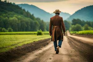 a man in a hat and coat walking down a dirt road. AI-Generated photo