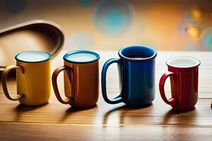 colorful mugs lined up on a table. AI-Generated photo