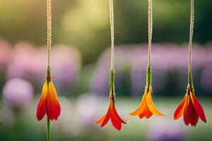 three red flowers hanging from strings in the air. AI-Generated photo