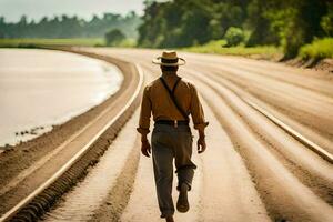 un hombre en un sombrero y camisa caminando abajo un suciedad la carretera. generado por ai foto