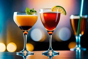 three different types of alcoholic drinks on a bar. AI-Generated photo