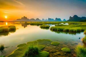 the sun sets over a marshy area with grass and water. AI-Generated photo