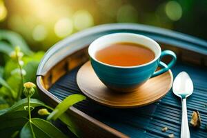 a cup of tea on a wooden tray with a spoon and leaves. AI-Generated photo