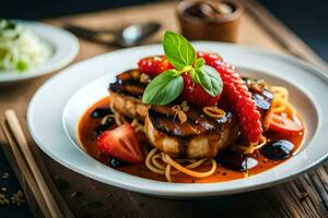 grilled pork chop with tomato sauce and basil on a white plate. AI-Generated photo