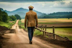 a man in a suit walks down a dirt road. AI-Generated photo