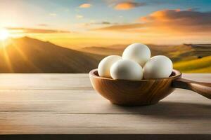 eggs in a bowl on a table with mountains in the background. AI-Generated photo