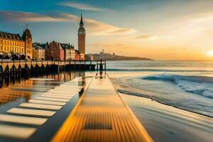 un puesta de sol terminado el Oceano y un muelle. generado por ai foto