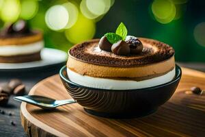 a dessert with chocolate and mint on a wooden table. AI-Generated photo