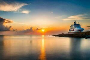 a cruise ship docked at the shore during sunset. AI-Generated photo