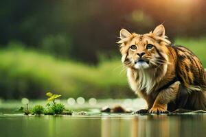 a cat is standing in the water near a plant. AI-Generated photo