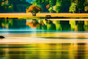 un lago con arboles y un árbol en el medio. generado por ai foto